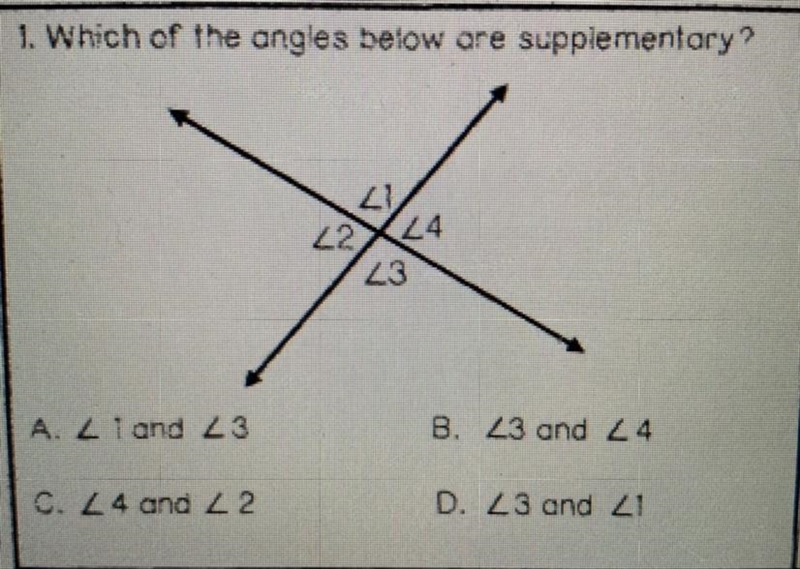 1. Which of the angles below are supplementary?-example-1