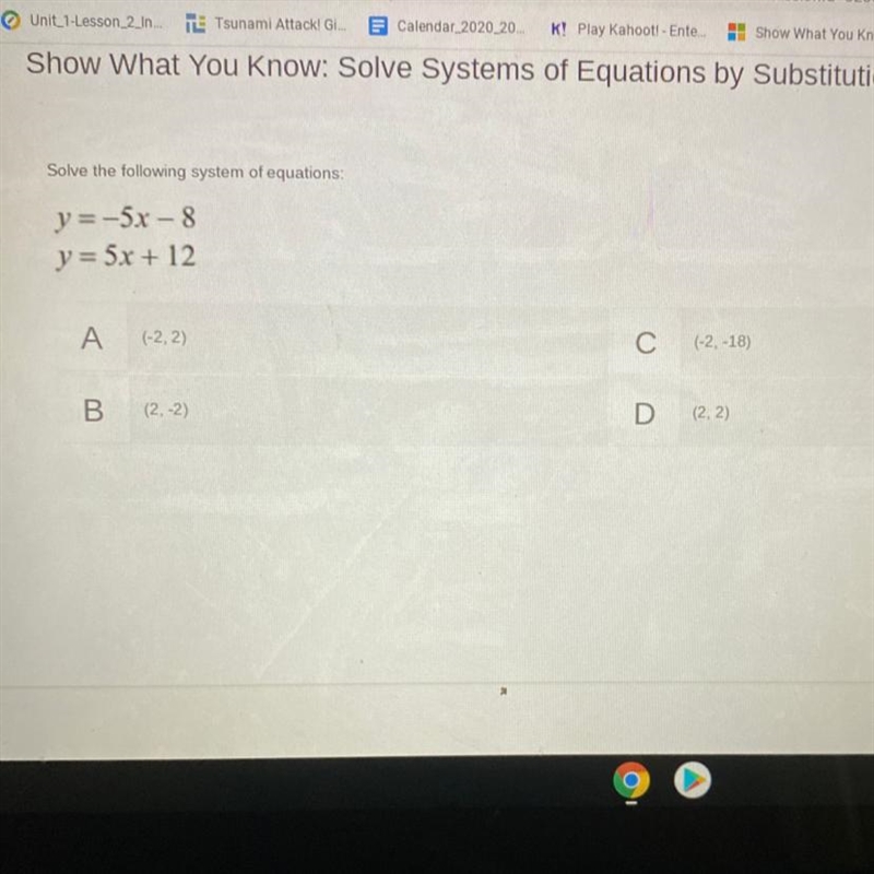 Solve the following system of equations: y=-5x – 8 y = 5x + 12-example-1