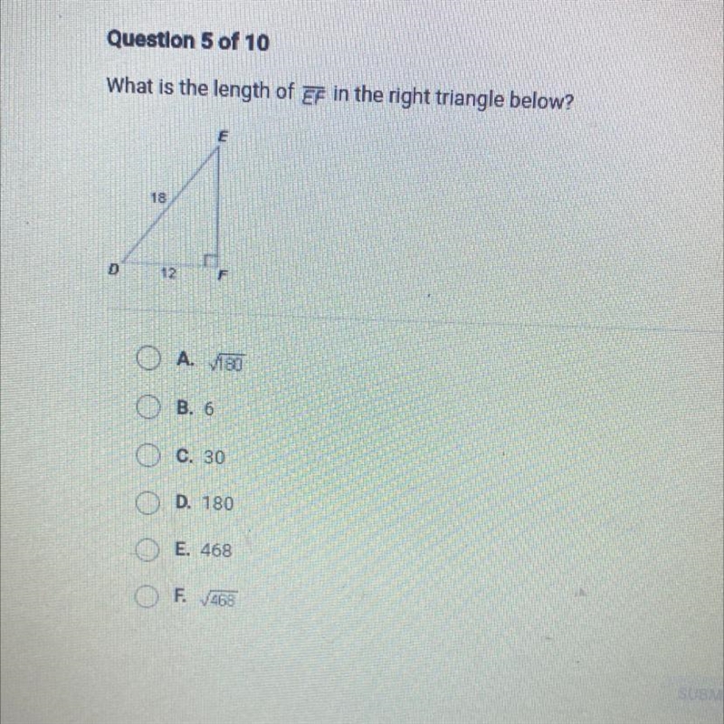 Help. What is the length of EF in the right triangle below.-example-1