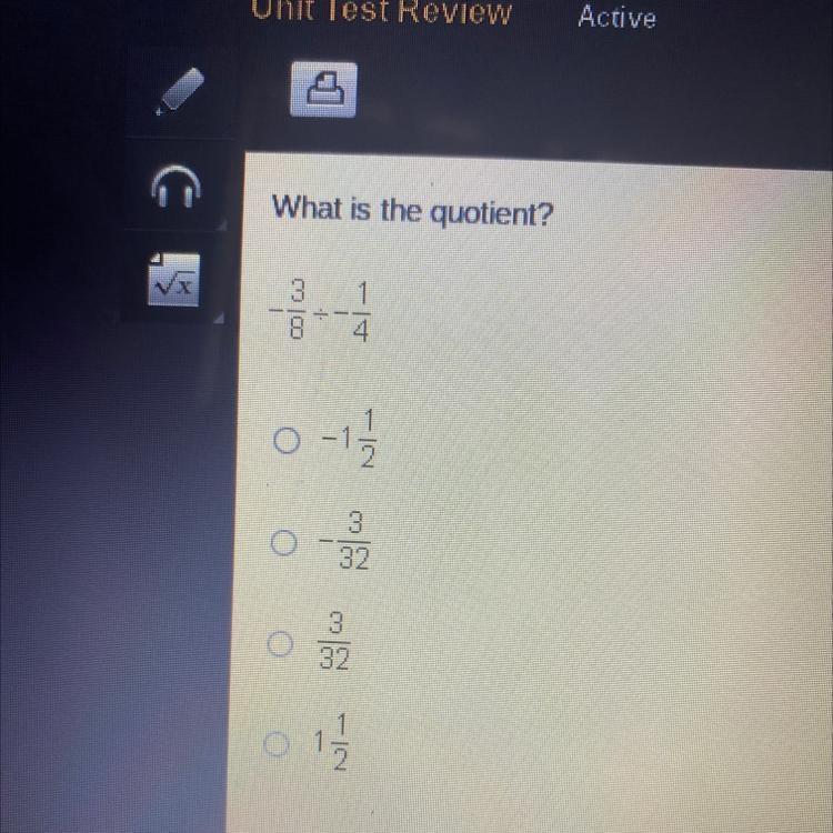 What is the quotient? -3/8 divided by -1/4-example-1