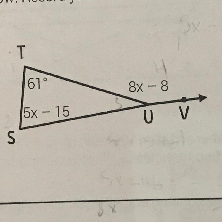 10. Find the measure of exterior angle TUV below. Record your answer on the grid.-example-1