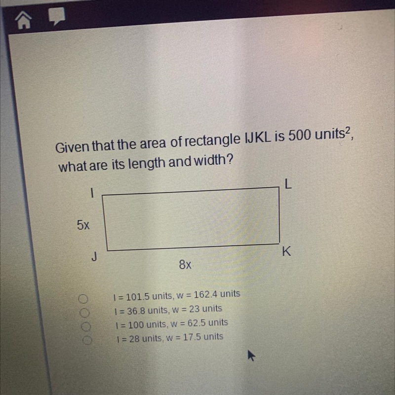 Given that the area of rectangle IJKL is 500 units? what are its length and width-example-1