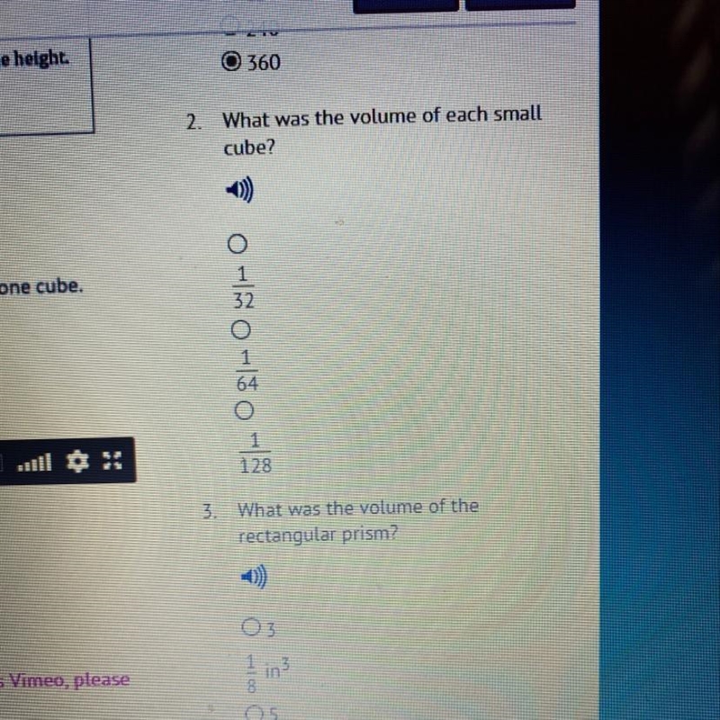 2. What was the volume of each small cube? 1/32 1/64 1/128-example-1