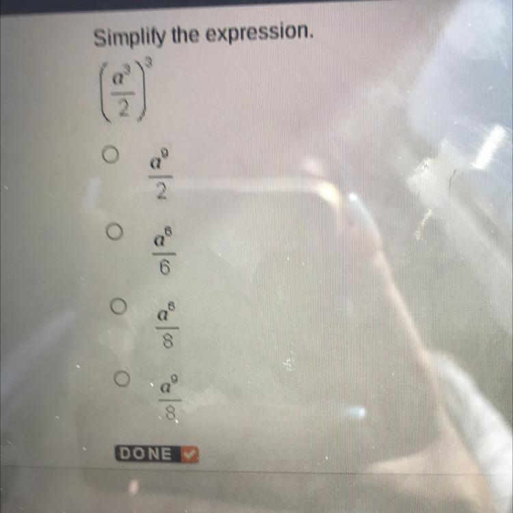 Simplify the expression ( a^3/2)^3-example-1