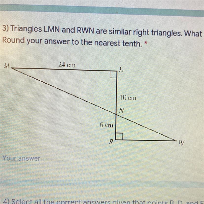 Triangles LMN and RWN are similar right triangles. What is the length of WR? Round-example-1