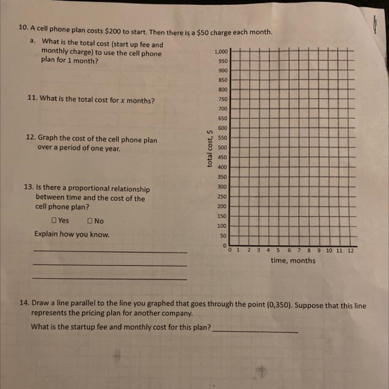 10. A cell phone costs $200 to start. Then theres is a 50$ charge each month. a. What-example-1