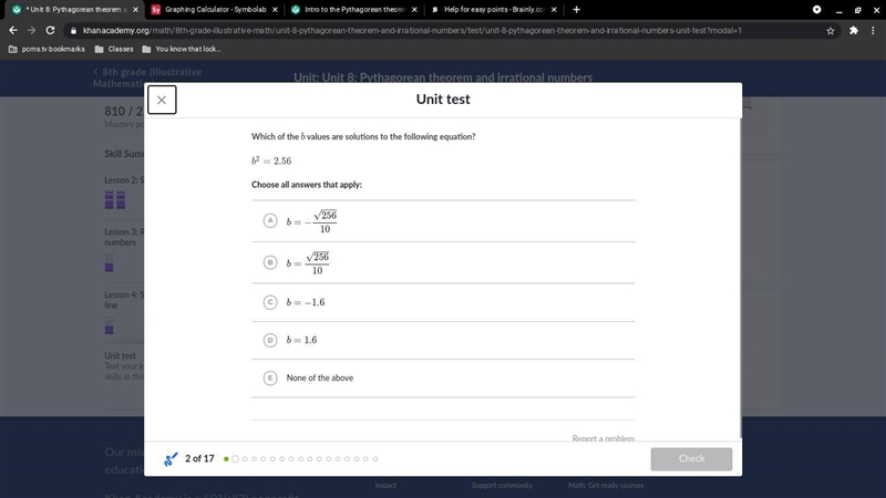 Which of the b values are solutions to the following equation? b^2 = 2.56b-example-1