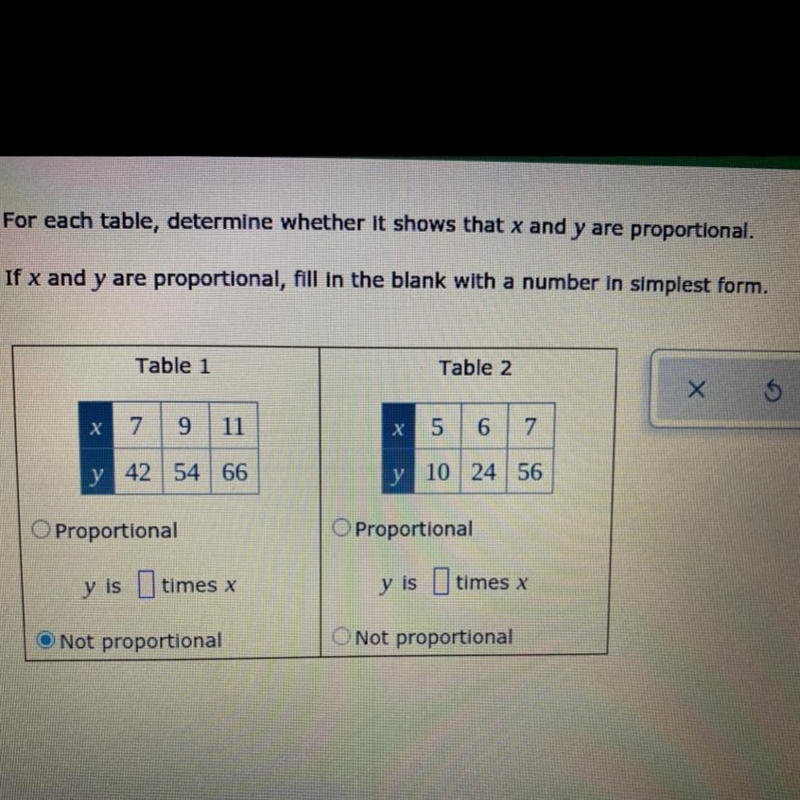 For each table, determine whether it shows that x and y are proportional. If x and-example-1