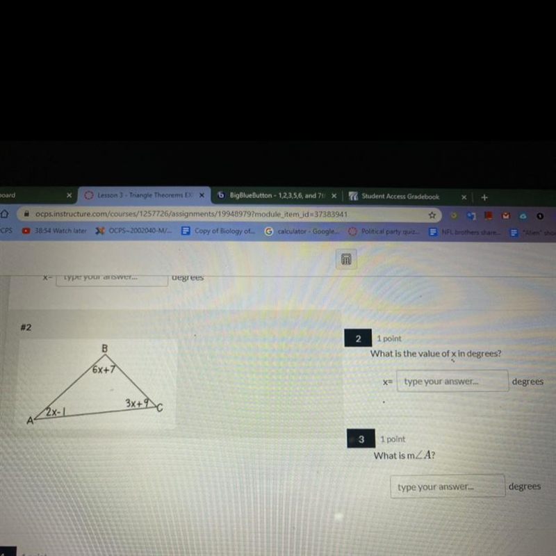 B 6x+7 3x+c 2x-1 What is the value of c in degrees-example-1