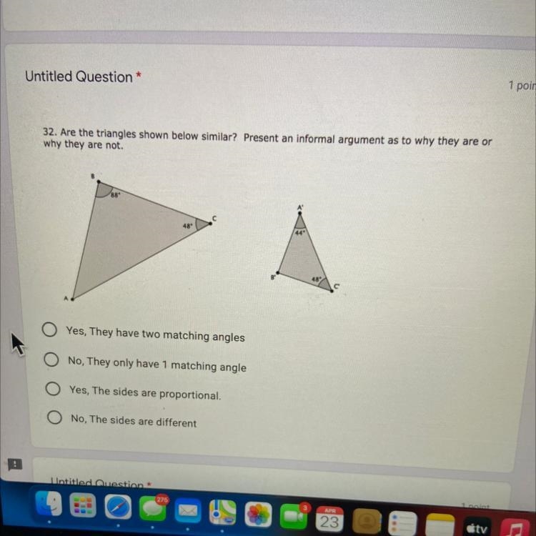 Are the triangles shown below similar? Present an informal argument as to why they-example-1