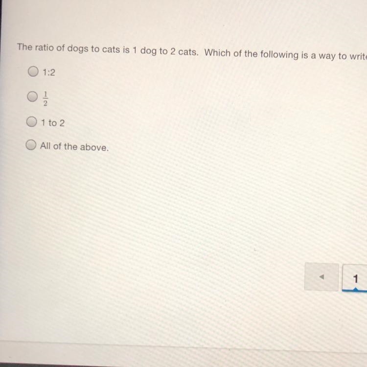 the ratio of dogs to cats is 1 dog to 2 cats. which of the following is a way to write-example-1