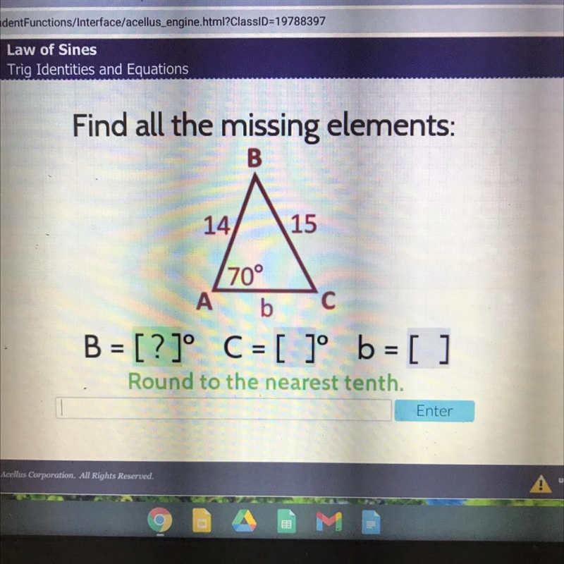 Find all the missing elements: B 14 15 70° A b с-example-1