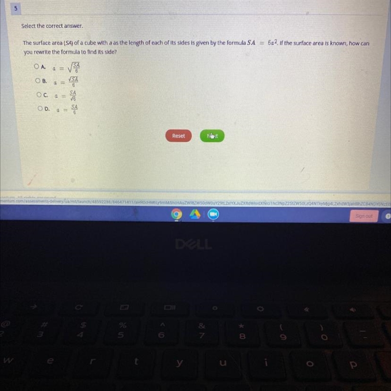 Select the correct answer. The surface area (SA) of a cube with a as the length of-example-1