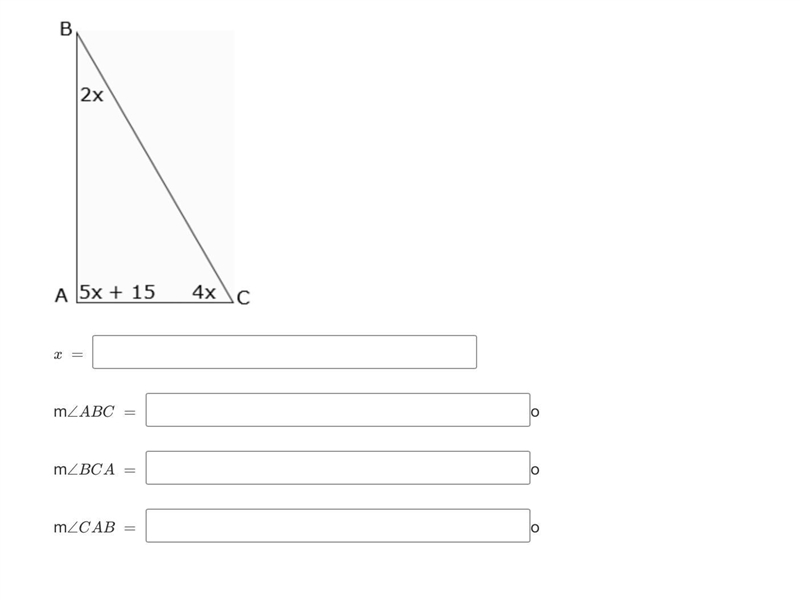 Find the value of x, and then use that value to determine each angle measure of the-example-1