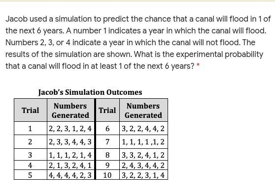 Pleas homework due in 8 minutes plz plz help ASAP Jacob used a simulation to predict-example-1