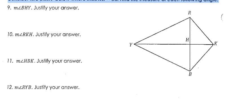 Consider kite BKRY below where mLBKH = 36. Find the measure of each following angle-example-1