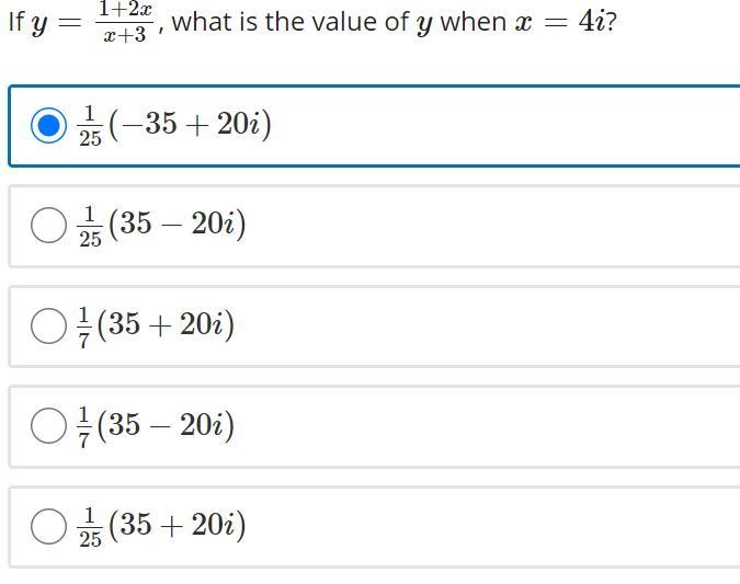 If y = (1+2x)/(x+3), what is the value of y when x = 4i?-example-1