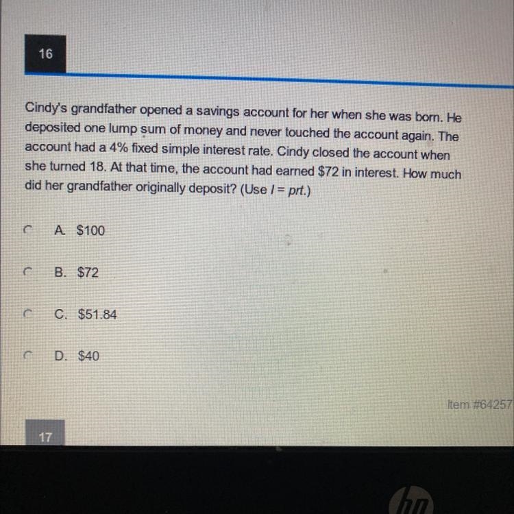 Cindy's grandfather opened a savings account for her when she was bom. He deposited-example-1