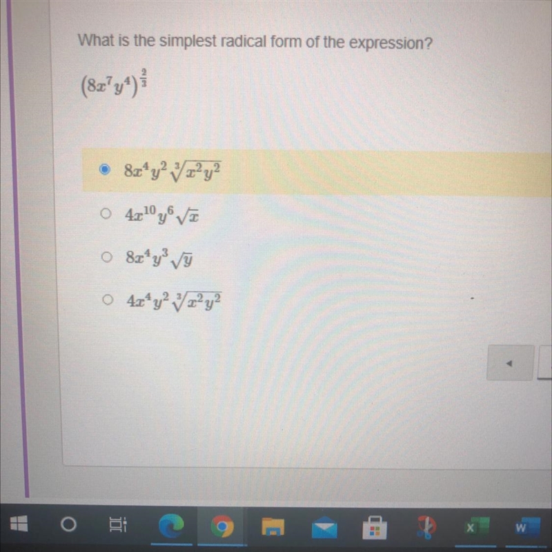 What is the simplest radical form of the expression? (8x^7y^4)^2/3-example-1