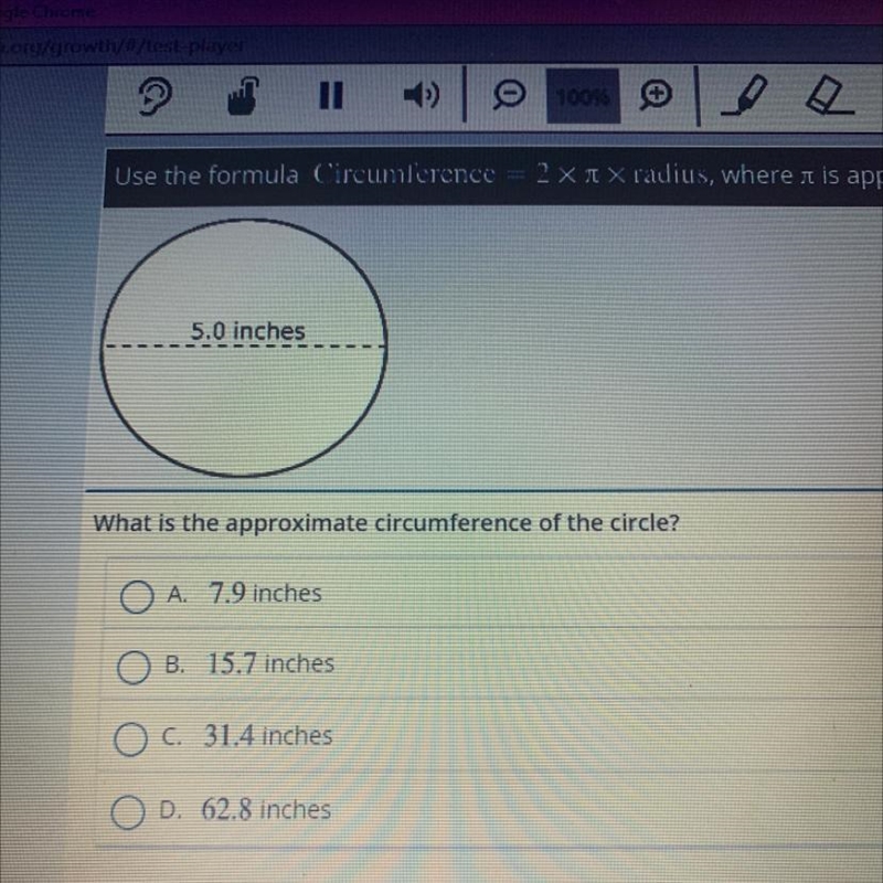 Use the formula Circumference = 2 X A X radius, where it is approximately 3.14, to-example-1