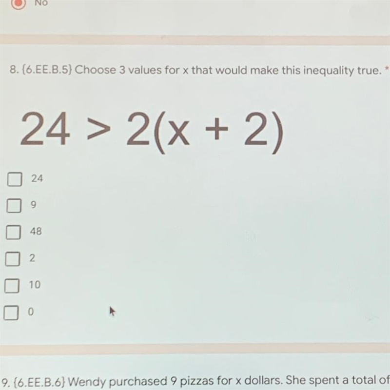 Choose 3 values for x that would make this inequality true. 24>2 (x+2)-example-1