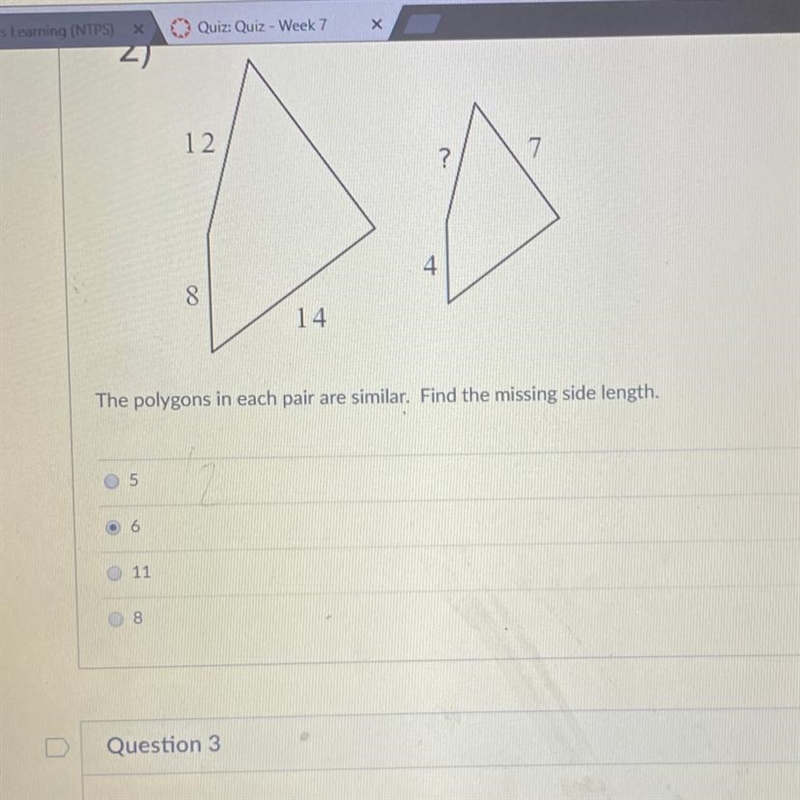 The polygons in each pair are similar. Find the missing side length. A.5 B.6 C.11 D-example-1