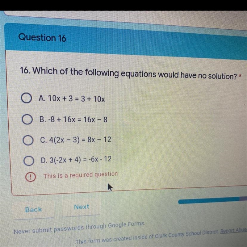 Which of the following equations would have no solution Help quick !!!-example-1