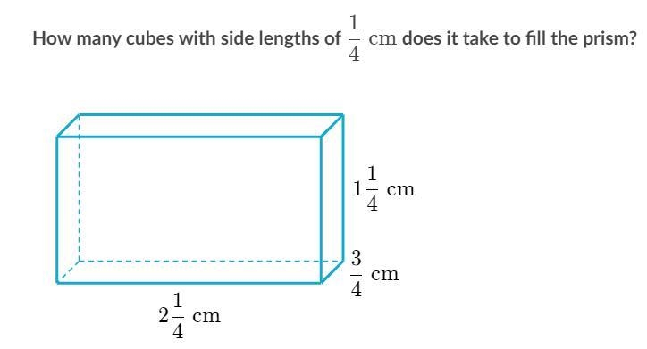 Please answer ASAP! How many cubes with side lengths of 1/4 cm does it take to fill-example-1