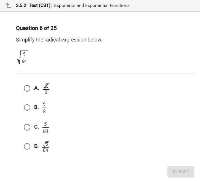 Simplify the radical expression below. √5/64-example-1