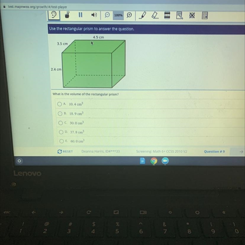 Use the rectangular prism to answer the question. 4.5 cm 3.5 cm 2.4 cm What is the-example-1