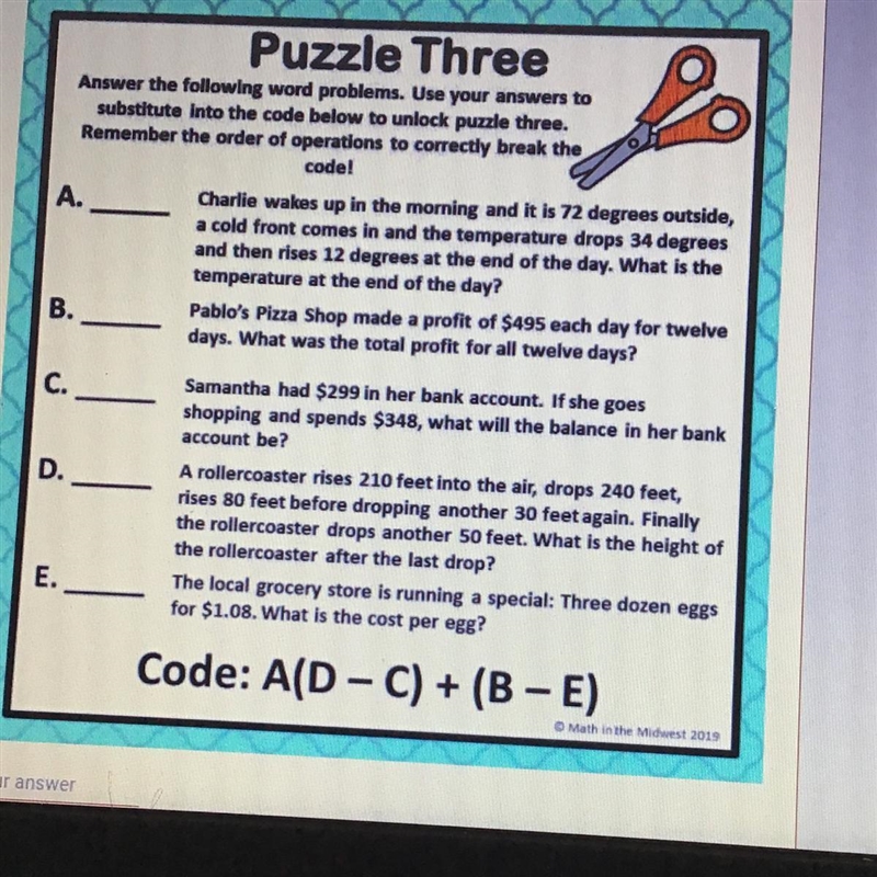 Puzzle Three Answer the following word problems. Use your answers to substitute into-example-1