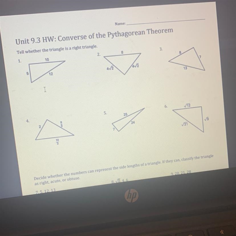 Help!! tell whether the triangle is a right triangle- i don’t need an explanation-example-1