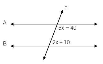 . Parallel lines A and B are cut by transversal, t, as shown below. Use the relationship-example-1