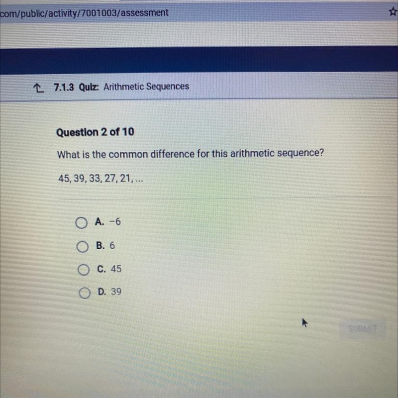 What is the common difference for this arithmetic sequence? 45, 39, 33, 27, 21, ...-example-1