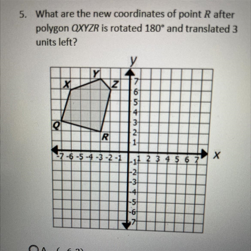 What are the new coordinates of point R after polygon QXYZR is rotated 180° and translated-example-1