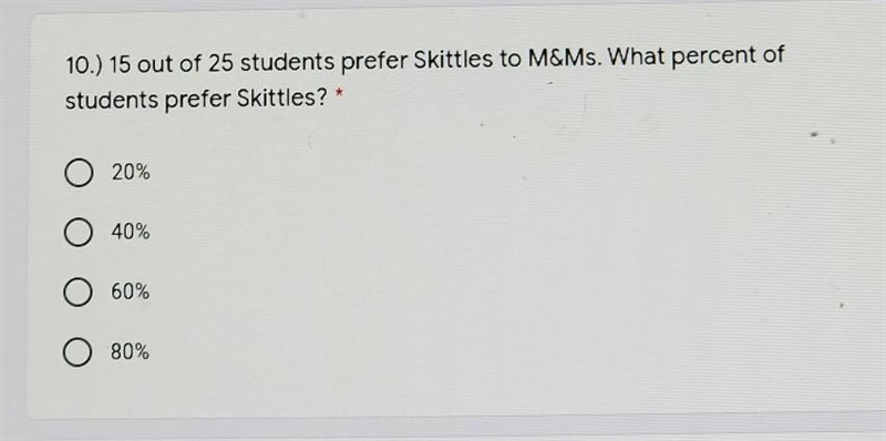 15 out of 25 perfer skittles to M&MS. what percent of students prefer skittles-example-1