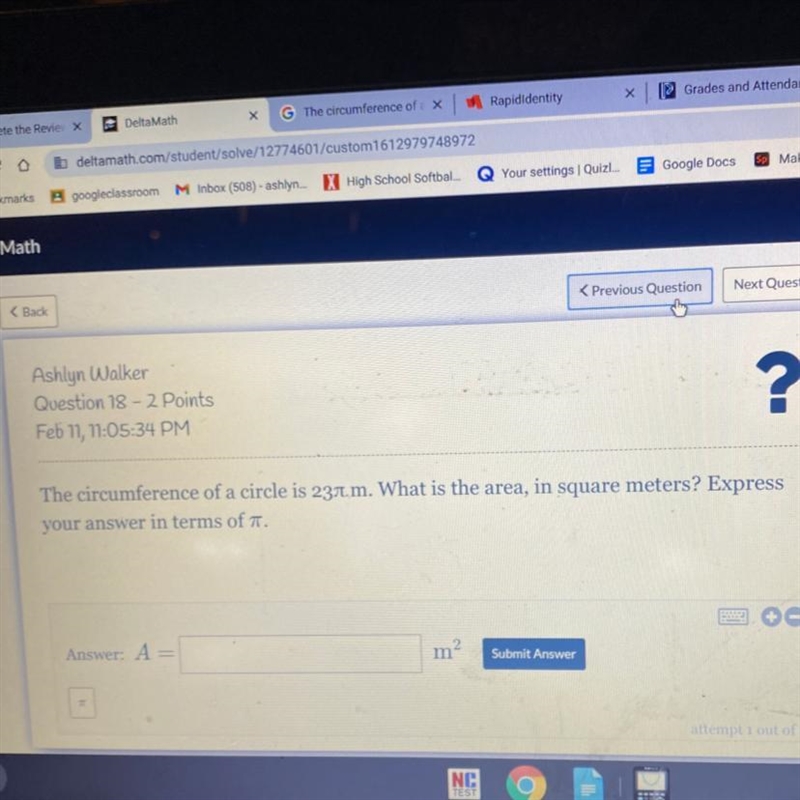 The circumference of a circle is 23pi m. What is the area, in square meters? Express-example-1