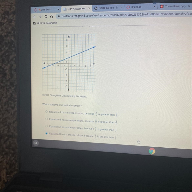 Linear equation A:y=4/5x Linear equation b is represented by this graph Which statement-example-1