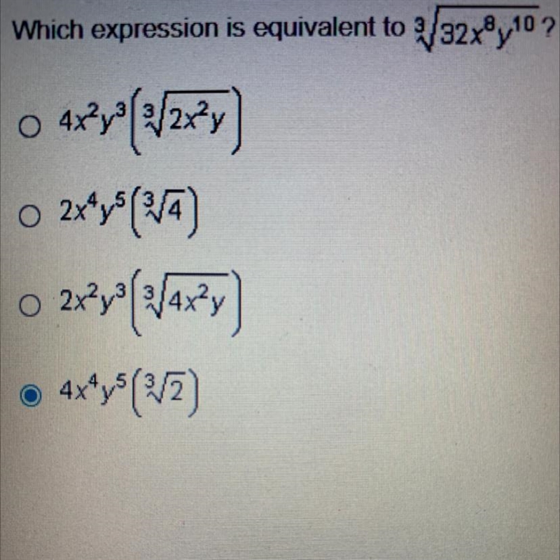 Which expression is equivalent to 3/32x8y10-example-1