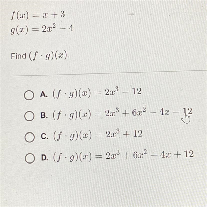 F(x) = x + 3 g(x) = 2x2 - 4 Find (f ·g)(x)-example-1