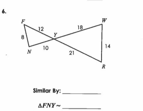 PLEASE HELP DUE TONIGHT!!!! determine if the triangles are similar. if similar, state-example-1