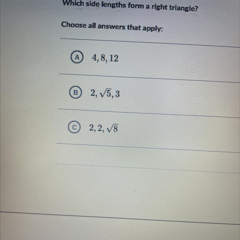 Which side lengths form a right triangle?-example-1