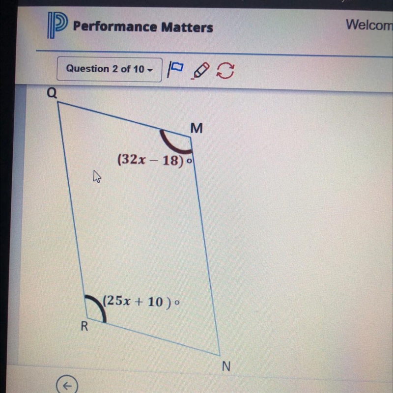 Two angle measures in parallelogram M N R Q are shown. What is the m What is the m-example-1