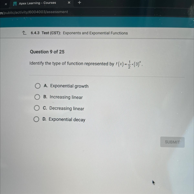 Question 9 of 25 Identify the type of function represented by +(*)-7.(3)* O A. Exponential-example-1