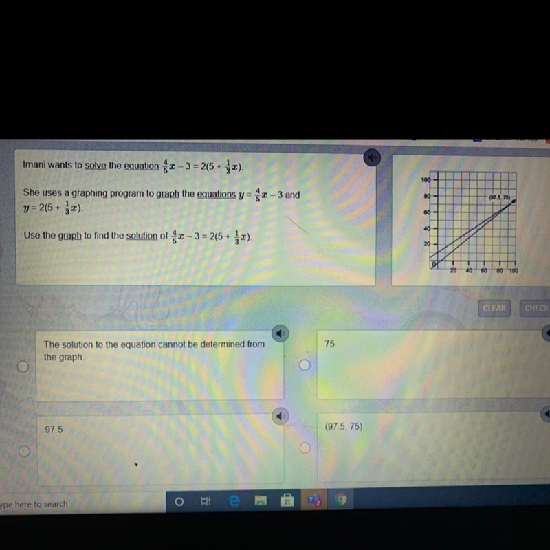 Imani wants to solve the equation 2 - 3 = 2(5 + ). She uses a graphing program to-example-1