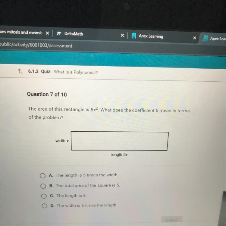 The area of this rectangle is 5x? What does the coefficient 5 mean in terms of the-example-1