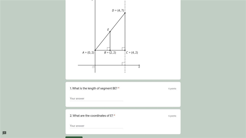 How to find the measurement of BE and the coordinates of E-example-1