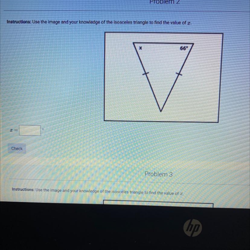 Question 2: use the image and your knowledge of the isosceles triangle to find the-example-1