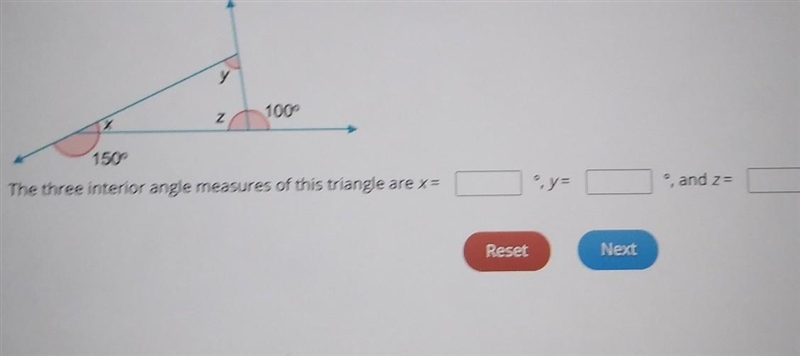 Type the correct answer in each box The three interior angle measures of this triangle-example-1