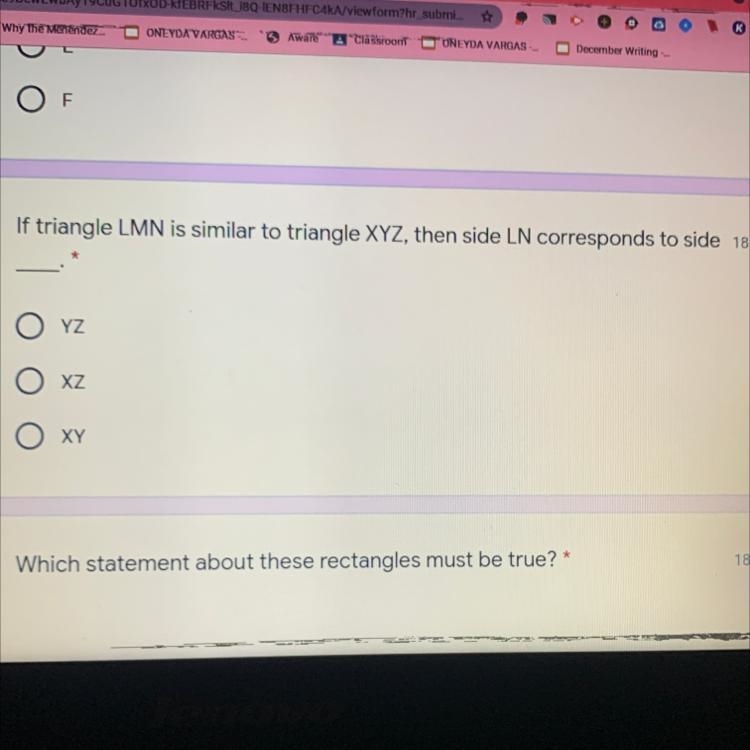 If triangle LMN is similar to triangle XYZ, then side LN corresponds to side-example-1